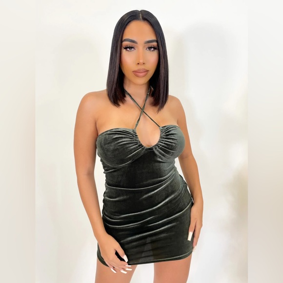 Velvet Olive Halter Mini Bodycon Dress